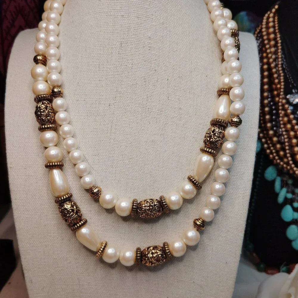 Vintage 1928 Gold Tone Faux Pearl Necklace 34 Inch